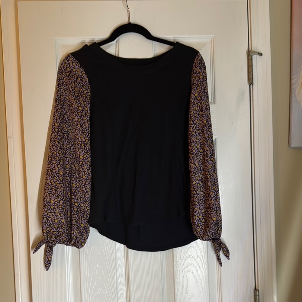 Anthropologie Black Blouse with Floral Sleeves